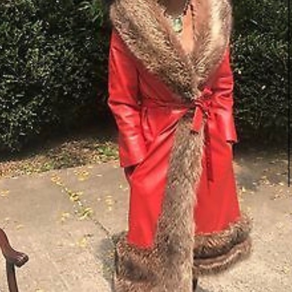Vtg Designer Samuel Robert Lipstick red leather & Raccoon fur trim Jacket Coat S - Picture 8 of 12